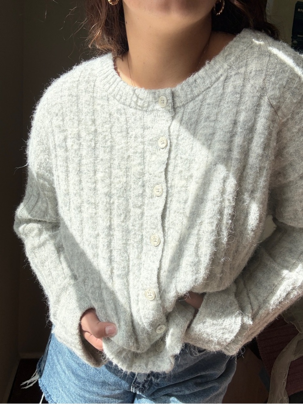 Wild Fable Ribbed Fluffy Button Cardigan | Heathered Gray | Size L